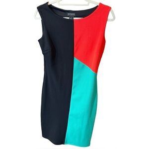 Sophisticated Colorblock Sheath Dress | Black Coral Teal | Size 4